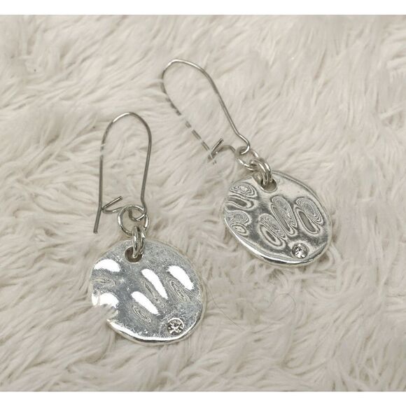 Classic Round Hammered Faux Silver Long Drop Earrings - Picture 2 of 4